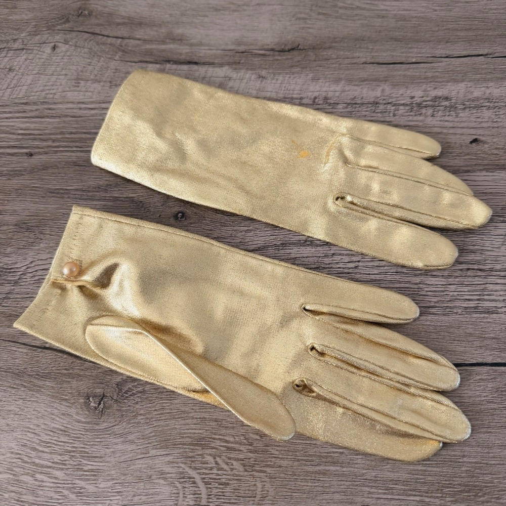 Vintage Gold Metallic Ladies Gloves Western Germany Glam Size M Faux Pearl 50's? - Picture 2 of 7